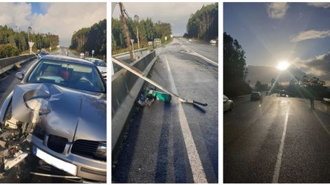 El coche que se llev por delante la seal de STOP del cruce de A Saa y los reflejos del sol sobre el firme mojado