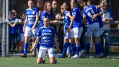 Gol Laura Real Oviedo Femenino Atletico Matama Diaz Vega.Laura celebra el gol de la victoria frente al Atl�ntida Matam�