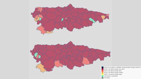 Mapas semafricos de Asturias: el de arriba indica los niveles de alerta del 28 de diciembre de 2021 y el de abajo los niveles de alerta del 24 de enero de 2022