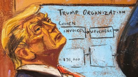 Retrato de Donald Trump mientras escucha a su defensa en el juicio