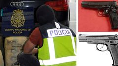 La Udyco interceptando droga dentro de un coche, en imagen de archivo, y tipos de armas incautadas en estas operaciones