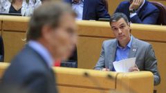 El presidente del Gobierno, Pedro S�nchez, escucha la intervenci�n del l�der del PP,  Alberto N��ez Feijoo, durante un pleno del Senado el pasado octubre. 