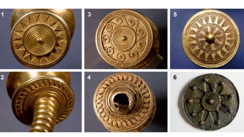 1 a 5. Ornamentacin de los terminales en diferentes torques de Asturias. 1-2, Langreo; 3-4, Villamayor; 5. Laviana. 6. Elemento discoidal de base Cu con decoracin a la cera perdida, procedente de Castiellu de Llag (fotografas scar Garca-Vuelta)