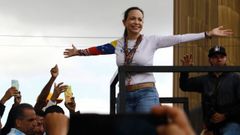 La lder opositora Mara Corina Machado, en un acto de campaa de Edmundo Gonzlez en Valencia, Venezuela.
