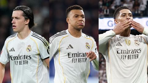 &Aacute;lvaro Carreras, Kylian Mbapp&eacute; y Jude Bellingham, jugadores del Real Madrid.