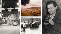 Poldito, de joven con su cmara, y tres fotos hechas por l, en el casco antiguo de Cedeira, una vista con la playa de A Magdalena al fondo y el acceso de colegialesen lancha a la escuela de un pueblo astur donde trabaj su mujer, profesora