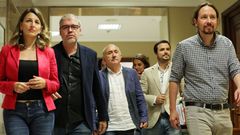 Yolanda D�az, Alberto Garz�n y Pablo Iglesias, en la imagen con los l�deres de CC.OO y UGT, son, junto a Irene Montero, los nombres que m�s suenan de Unidas Podemos para el nuevo gabinete de Pedro S�nchez