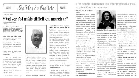 � esquerda, a entrevista de Hugo Recarey, do IES Terra do Xallas, de Santa Comba, quen ga�ou na categor�a Infantil-1 (ESO) dirixido pola s�a profesora Maricarme Garc�a Ares. � dereita, a entrevista que quedou de segunda, feita por Regina Sesar, do CPR Nosa� Se�ora do Rosario (Arz�a) titorizada por Xosefa Silva
