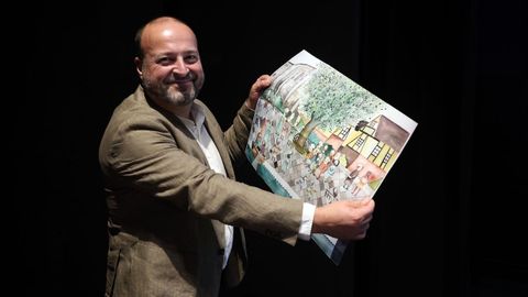 Manuel Gago muestra la l�mina que Leandro Lamas realiz� para recrear la Oliveira da Vila da Pobra