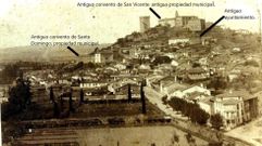 Foto antigua en la que se ve el monasterio de San Vicente, el convento de Santo Domingo (a la izquierda) y el viejo consistorio (a la derecha)