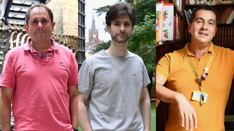 De izquierda a derecha: Javier Guitián, catedrático de Salud Pública; Alejandro Santórum, ingeniero de datos, y Andrés Temprano, filólogo y profesor de español y gallego