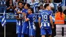 Varios jugadores del Deportivo celebran un tanto durante la victoria ante el Valencia.