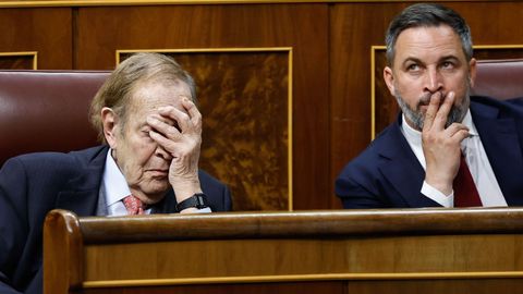 Ramn Tamames y Santiago Abascal, este mircoles, durante la segunda sesin de la mocin de censura en el Congreso.