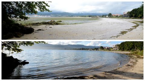 Playa de Rebordelo, en Boiro. Arriba, bajamar; abajo, pleamar