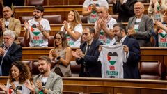 Varios diputados de Sumar muestran camisetas a favor de Palestina, durante el debate previo a la votacin del embargo de armas a Israel en el Congreso.