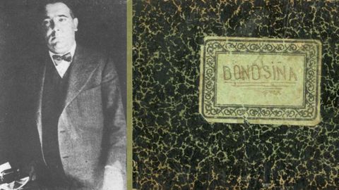 Quintanilla, retratado na súa época de alcalde de Ferrol. Á dereita, manuscrito de «Donosiña».