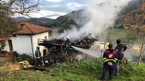 Los bomberos, durante la intervenci�n en una finca de Salas