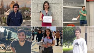 En la parte superior, de izquierda a derecha, Ral Ros, Luca Chazo y scar Rivero, mejores expedientes en la selectividad gallega en el 2020, 2021 y 2012. En la parte inferior, de izquierda a derecha, Diego Mojn, Anta Tacn e Ivn Lafuente, mejores expedientes en el 2015, 2013 y 2023