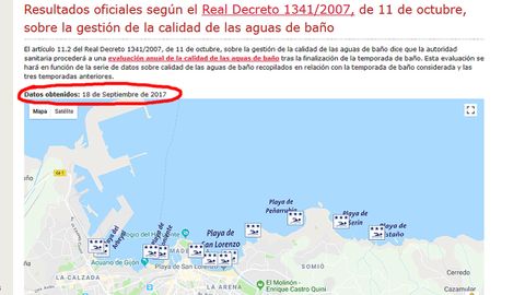 Pantalla de la web municipal donde se informa del estado de las aguas del ba�o en Gij�n