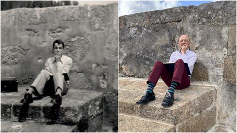 José María González, en el castillo de San Felipe de Ferrol que era entonces una cárcel militar, en una imagen de hace 50 años, y otra en el mismo lugar.