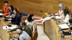 Noa Presas, del BNG, extiende un clavel a su compa�era de grupo, Alexandra Fern�ndez, con motivo del 25 de abril.