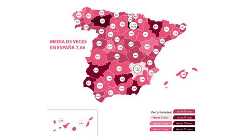 Mapa de las relaciones sexuales mensuales promedio por provincias