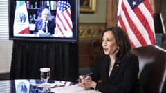Kamala Harris, durante la reuni�n virtual con L�pez Obrador