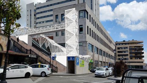 Imagen virtual del ascensor y escalera mec�nica que conectar� la losa de Renfe (plaza de los ferroviarios) con los aleda�os de la calle Ur�a, en Oviedo