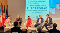 Encuentro en Oporto. De izquierda a derecha, Irene Bascoy, subdirectora de �Faro de Vigo�, representantes de los diarios �P�blico� y �Jornal de Not�cias� y el director de La Voz de Galicia, Xos� Luis Vilela, junto al moderador de la reuni�n. 