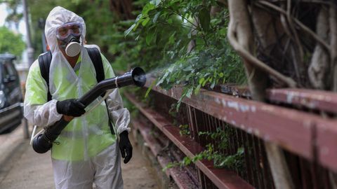 Un funcionario roca con insecticida un parque de Hong Kong.