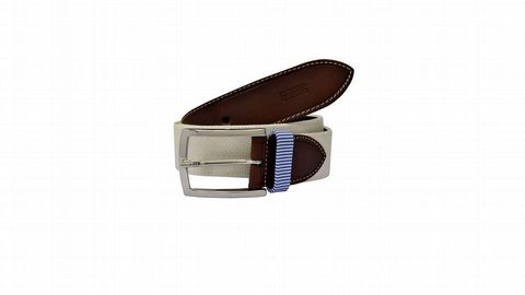 Cintur�n de hombre Mirto de lona de 35 mm. en color beige, con la puntera de piel en color marr�n. Como detalle el pasador es a contraste en color azul a rayas y la hebilla met�lica. Precio: 55,90