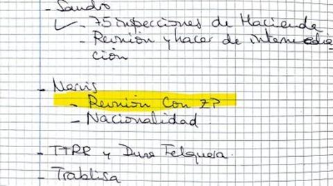 Captura de uno de los documentos del sumario que instruye el juez de la Audiencia Nacional Santiago Pedraz que incorpora una libreta azul que la UCO atribuye a Leire D�ez llena de anotaciones, algo desordenadas y muchas veces sin fechas atribuidas, y referencias a reuniones, asuntos abiertos o cosas pendientes. En sus p�ginas, tambi�n hay referencias a Venezuela, con apuntes relativos a la  nacionalidad  del exviceministro Nervis Villalobos -un asunto en el que, seg�n el juez, habr�a intentado trabajar Leire D�ez