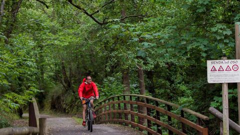 Un hombre en bicicleta pasa por uno de los puentes situado en pleno trazado de la Va Verde de la Senda del Oso