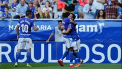 Gol Joselu Boateng Saul Berjon Real Oviedo Elche Carlos Tartiere.Joselu, Boateng y Saul Berjon celebran el 1-1 ante el Elche