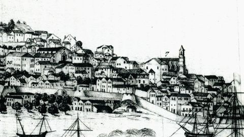 Grabado de la villa de Vigo cuando estaba amurallada