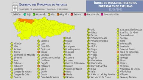 �ndice de reisgo de incendios forestales de Asturias para el lunes 23 de agosto