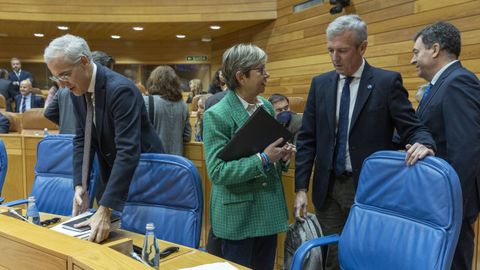 El presidente de la Xunta, Alfonso Rueda, charlando con Rosa Quintana en el Parlamento