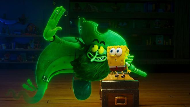 El pirata fantasma Holand�s Errante y Bob Esponja, en un fotograma del filme.