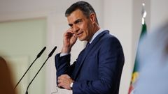 El presidente del Gobierno y secretario general del PSOE, Pedro S�nchez, en una comparecencia de prensa en la Moncloa.