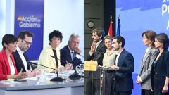 En una decisi�n inusual, los ministros del PSOE (a la izquierda) y los de Sumar (a la derecha) comparecieron por separado tras el Consejo de Ministros.