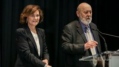La vicepresidenta Carmen Calvo y José Félix Tezanos, en un acto en el Círculo de Bellas Artes de Madrid, n noviembre del 2019