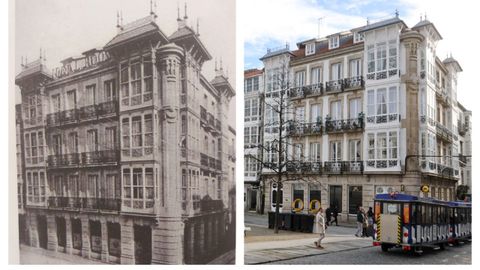 El Ideal Room, en 1920, cuando era hotel, y a la derecha, en la actualidad, tras su reciente reforma para albergar viviendas y una oficina bancaria