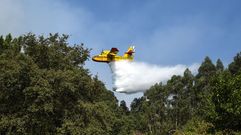 Un hidroavin echando agua para extinguir un foco de fuego declarado cerca de las viviendas de Vilar, en Vilaboa