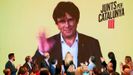 El expresidente de la Generalitat Carles Puigdemont, interviniendo por videoconferencia en un mitin de campaa que JxCat celebr hace unos das en Barcelona