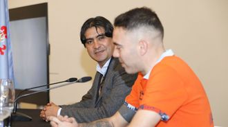 Marco Garc�s y Iago Aspas, en la rueda de prensa por la anterior renovaci�n del capit�n, en enero del 2026 y hasta junio de este a�o.