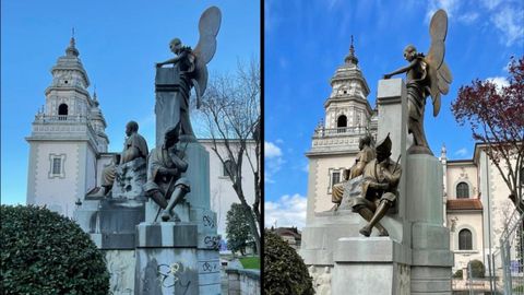 Antes y despu�s de la restauraci�n de la escultura en honor a Teodoro Cuesta