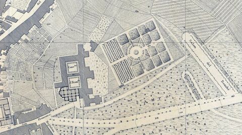 Detalle de un plano de Oviedo del ao 1853 en el que se representa el desaparecido convento franciscano y el Jardn Botnico de la Universidad. An no existan las calles Fruela y Santa Susana, pero s el paseo (saln) del Bomb. A la izquierda se ve la calle San Francisco y parte de la Universidad