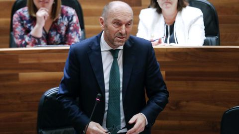 El vicepresidente del gobierno de Asturias y consejero de Infraestructuras, Juan Manuel Cofi�o, durante su intervenci�n en el pleno de la Junta General del Principado.