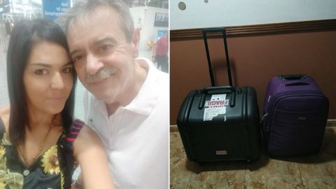 Silvia con su padre en el aeropuerto y una foto con su maleta y el aparato de dilisis con el que debe viajar