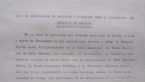 Acta de Designacin de adjuntos y suplentes para el plebiscito del estatuto de Galicia de 1933 en Avin